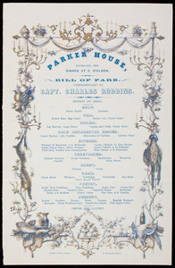Bill of fare, complimentary to Capt. Charles Robbins, October 11th, 1855, Parker House, Boston, Mass.
