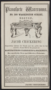 Advertisement for the Jacob Chickering Pinaoforte Warerooms, No. 300 Washington Street, Boston, Mass., 1854