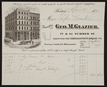 Billhead for Geo. M. Glazier, clothing, 77 & 81 Summer Street, Boston, Mass., dated April 27, 1875