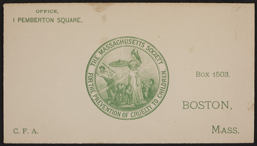 Envelope for The Massachusetts Society for the Prevention of Cruelty to Children, 1 Pemberton Square, Boston, Mass., undated