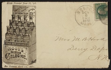 Envelope for Hood's French Cologne, M.C. Hood & Co., Boston, Mass., dated October 6, 1881