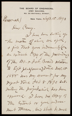Henry L. Abbot to Thomas Lincoln Casey, September 15, 1893