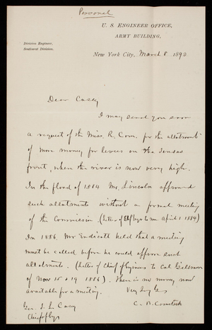 [Cyrus] B. Comstock to Thomas Lincoln Casey, March 8, 1890