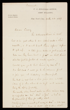 [Cyrus] B. Comstock to Thomas Lincoln Casey, October 22, 1889