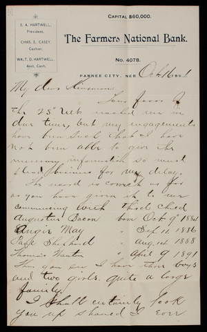 [Charles] E. Casey to Thomas Lincoln Casey, October 16, 1891