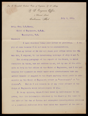 William P. Craighill to Thomas Lincoln Casey, July 9, 1891