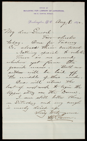 [Bernard R.] Green to Thomas Lincoln Casey, August 8, 1892