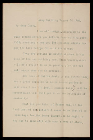 Henry L. Abbot to Thomas Lincoln Casey, August 20, 1887