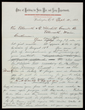 Bernard R. Green to The Ellsworth and E. Bluehill Granite Co., September 4, 1883, draft