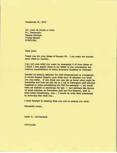 Letter from Mark H. McCormack to Jose de Sousa e Melo