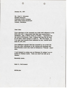 Letter from Mark H. McCormack to John Z. De Lorean