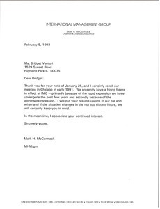 Letter from Mark H. McCormack to Bridget Venturi