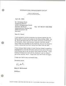 Letter from Mark H. McCormack to Wolfgang Stock