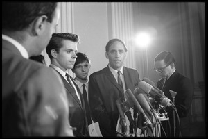 Attorney William Kunstler talking to the press at the House Un-American Activities Committee inquiry into New Left activism, following the arrest of Arthur Kinoy