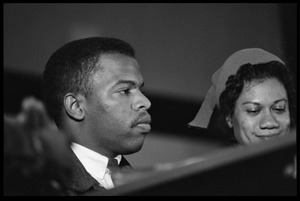 John Lewis (left) and Gloria Richardson seated on a panel at the Youth, Non-Violence, and Social Change conference, Howard University