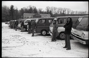 Brotherhood of the Spirit Dodge van advertisements: line of commune members and Dodge vans with commune house in background
