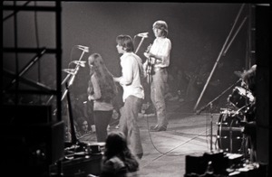 Grateful Dead concert at Springfield Civic Center: band in performance: Donna Godchaux, Bob Weir, Phil Lesh (l. to r.)