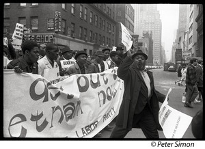 Harlem Peace March: Progressive Labor Party march behind banner reading 'Get out of Vietnam now'