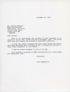 Letter from Judi Chamberlin to Steven Rothwell