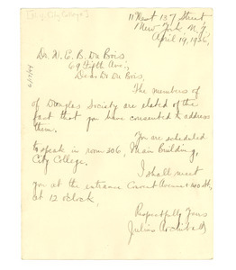 Letter from New York City College, Douglass Society to W. E. B. Du Bois