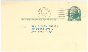 Postcard from National Association for the Advancement of Colored People to W. E. B. Du Bois