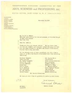 Letter from Independent Citizens Committee for the Arts, Sciences and Professions to W. E. B. Du Bois