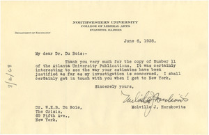 Letter from Melville J. Herskovits to W. E. B. Du Bois
