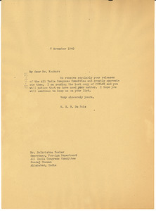 Letter from W. E. B. Du Bois to All India Congress Committee
