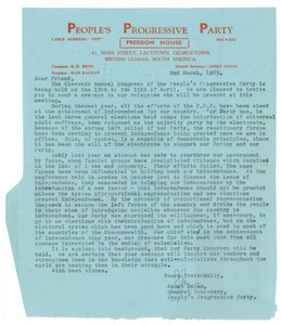 Letter from People's Progressive Party to W. E. B. Du Bois