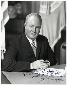 Portrait of Mayor John F. Collins signed with, "To Steve Cushman withh Best Wishes John F. Collins mayor"