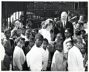 Mayor John F. Collins with large group of children outdoors