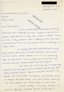 Correspondence between Mayor Kevin White and a high school student in Reading, Massachusetts