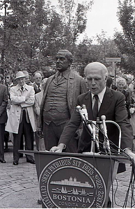 Mayor Kevin H. White speaking at dedication of Mayor James M. Curley Statue