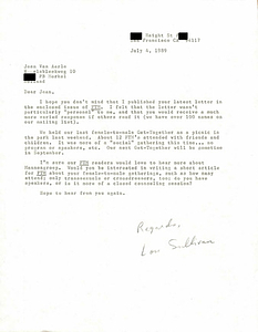 Correspondence from Lou Sullivan to Jean Aarle (July 4, 1989)