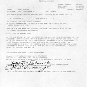 Boston Fire Department permit granted to José Garcia by Fire Commissioner Martin E. Pierce, Jr.