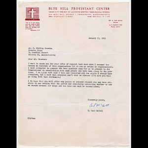 Letter from Reverend H. Carl McCall of Blue Hill Protestant Center to O. Phillip Snowden concerning counsel