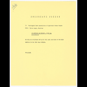 Letter from Byron Angel to Washington Park Association of Apartment House Owners (WAPAAHO) about no meeting to be held July 7, 1964