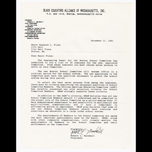 Letter from Robert L. Marshall to Mayor Raymond L. Flynn about nominees for Boston School Committee