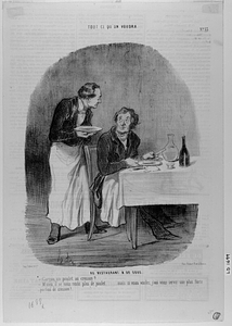 Au RESTAURANT À 32 SOUS. - Garçon, un poulet au cresson?.... - M'sieu, il ne nous reste plus de poulet...... mais si vous voulez, j'vas vous servir une plus forte portion de cresson!...