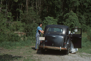 The Rosenburgs arrive at the Moon Barn Raising at entrance to Hopkins Forest on 2 August 1975.