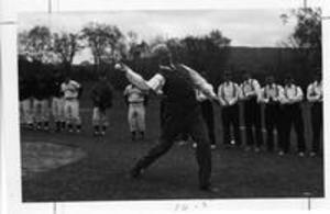 Shons, Class of 1912, throws out first pitch at Centennial Baseball game, 1959