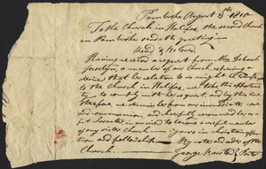 Transfer membership of Deborah Josselyn from 2nd Church in Pembroke, Massachusetts to the Church in Halifax, Massachusetts, August 15, 1810