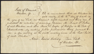Marriage Intention of Friend S. Perkins of Windsor, Vermont and Anna R. Inglee, 1832
