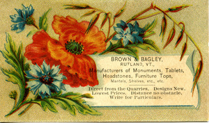 Brown & Bagley, manufacturers of monuments, tablets, headstones, furniture tops, mantels, shelves, etc., etc.