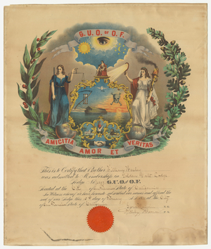 Membership certificate issued by Golden Gate Lodge, No. 2007, to William Wesley, 1888 February 15
