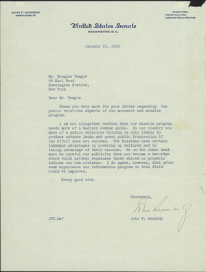 Letter from Senator John F. Kennedy to Douglas Temple, 1959 January 16