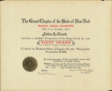 Royal Arch fifty-year certificate issued to John A. Cook, 1944 September 1