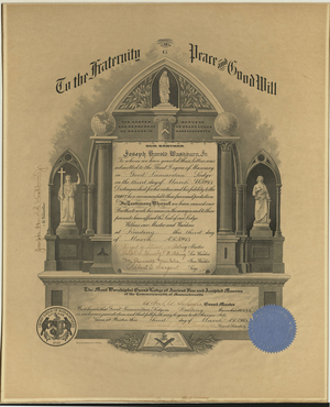 Master Mason certificate for Joseph Harold Washburn, Jr.