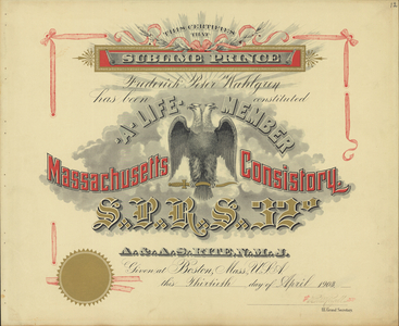 Life membership certificate issued by Massachusetts Consistory to Fredrick Peter Wahlgren, 1903 April 30
