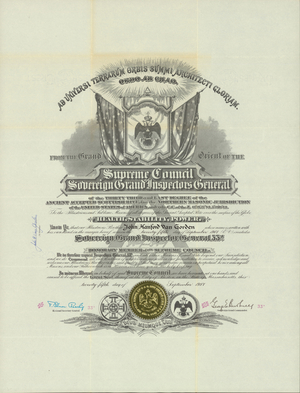 Honorary 33° membership certificate issued by the Supreme Council for the Northern Masonic Jurisdiction to John Hanford Van Gorden, 1957 September 25